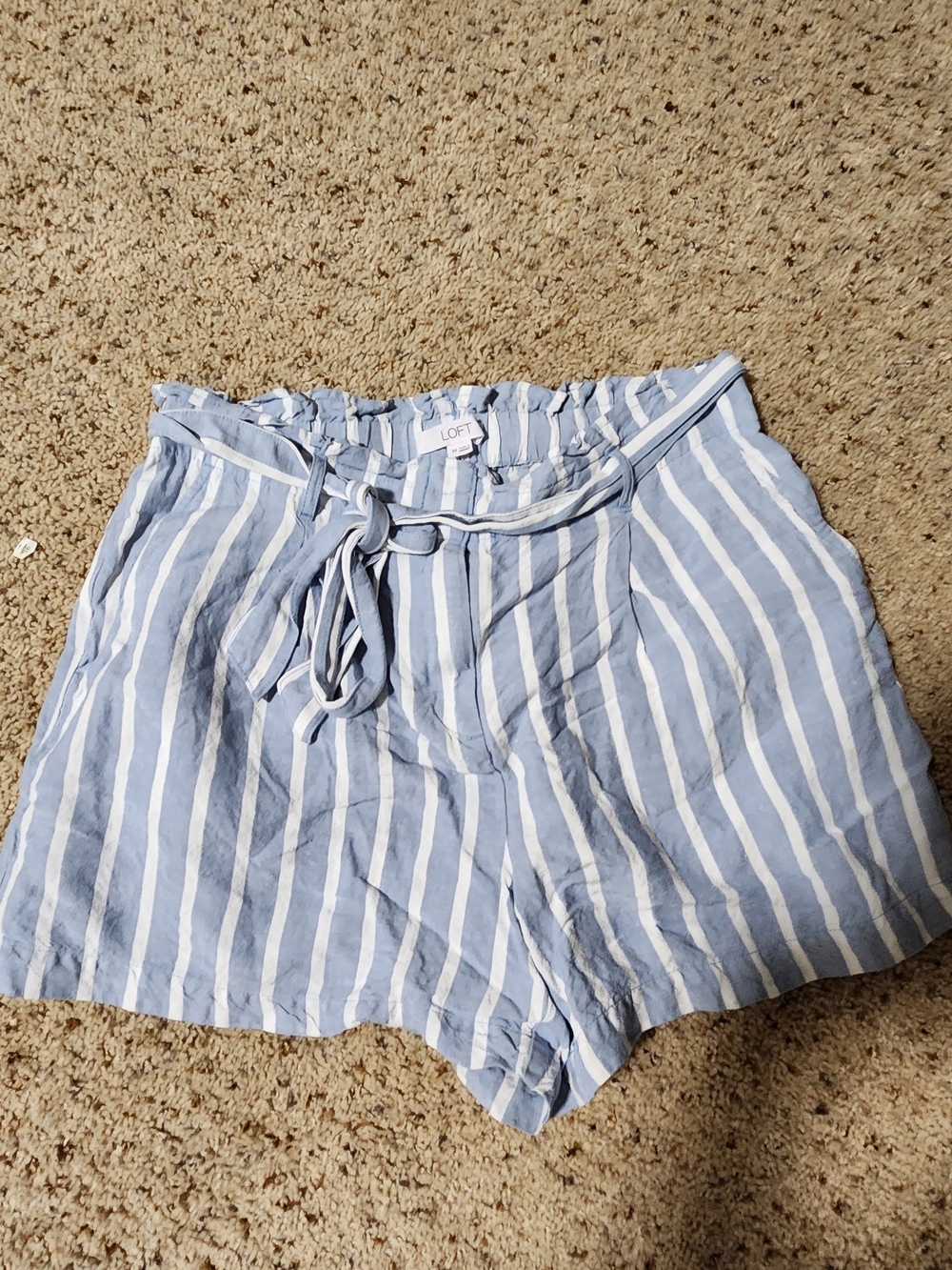 LOFT Striped Paperbag Waist Shorts NWOT Blue White Tie Belt Medium